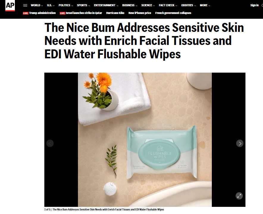 AP News feature showing Nice Bum flushable wipes on bathroom counter, highlighting sensitive skin care with EDI purified water