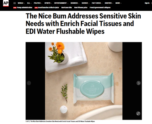 AP News feature showing Nice Bum flushable wipes on bathroom counter, highlighting sensitive skin care with EDI purified water