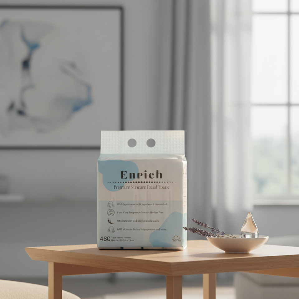 family pack of Enrich facial tissue on a wooden table in a family room with a painting and window in the background