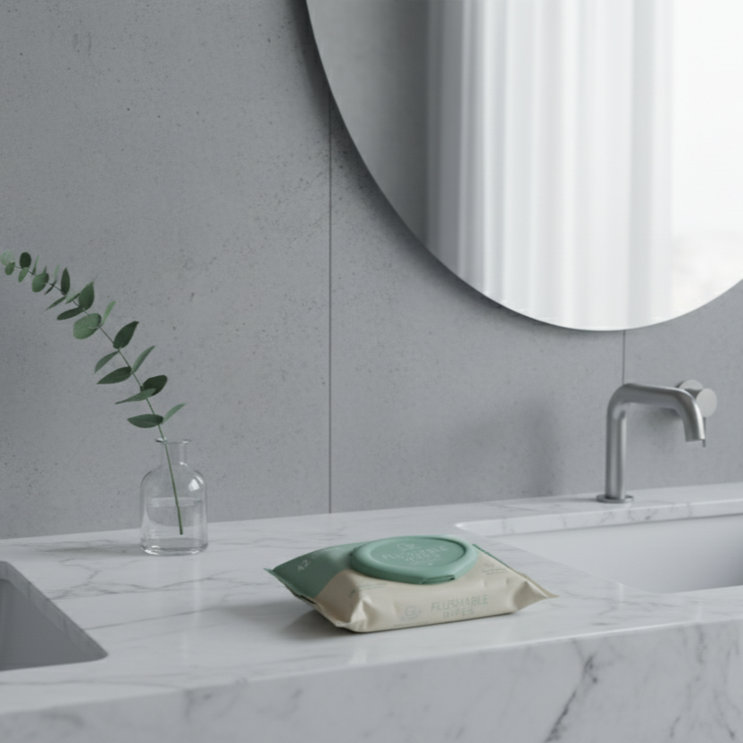 Modern bathroom counter with pure clean flushable wipes on a marble surface.