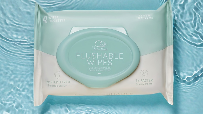 Nice Bum flushable wipes dissolving quickly in water, safe for plumbing and environment