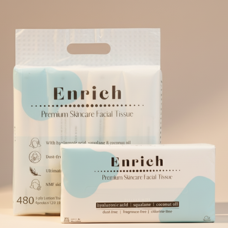 Enrich facial tissues packaging, gentle on skin, fragrance-free and chlorine-free
