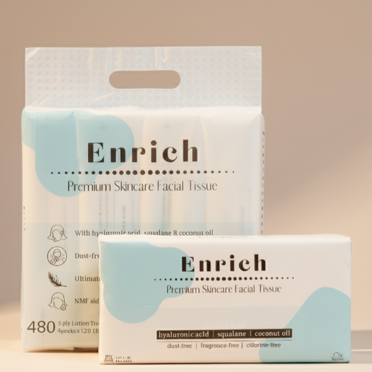 Enrich facial tissues packaging, gentle on skin, fragrance-free and chlorine-free