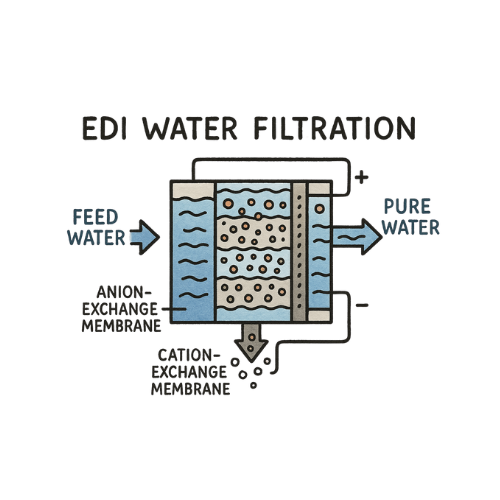 Diagram of EDI water filtration process showing feed water purified through anion and cation exchange membranes