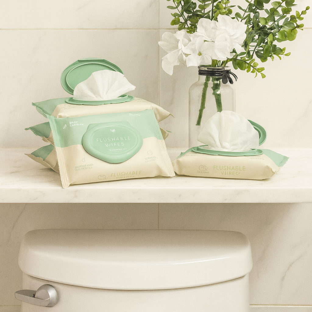 Pack of Nice Bum flushable wipes, plant-based and biodegradable, styled in bathroom scene