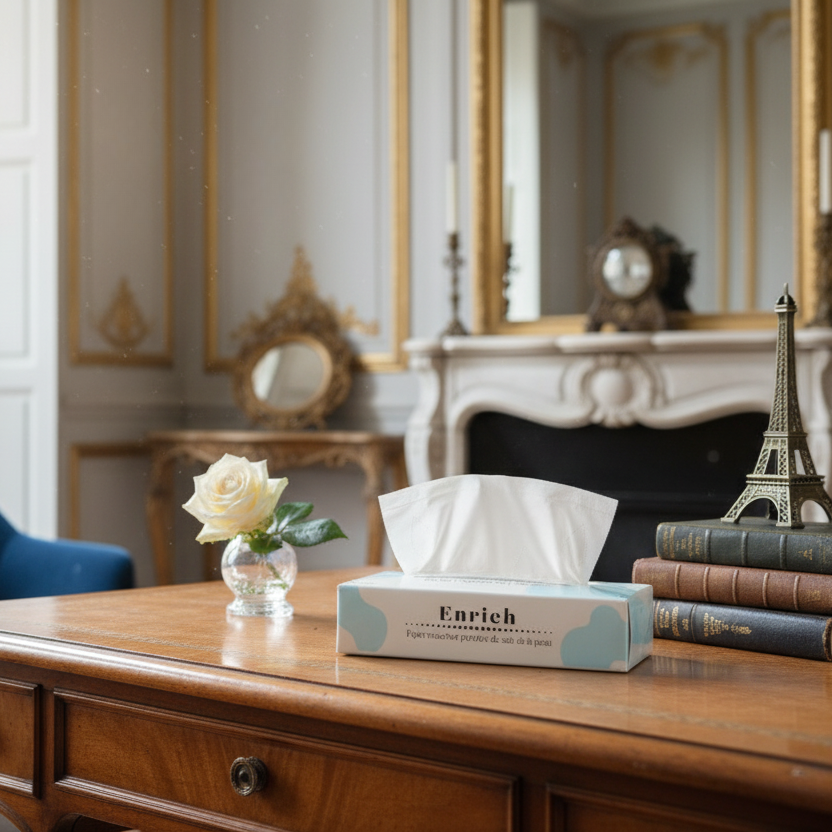 Enrich facial tissues with modern design on a wooden office table with decorative items in an elegant room.