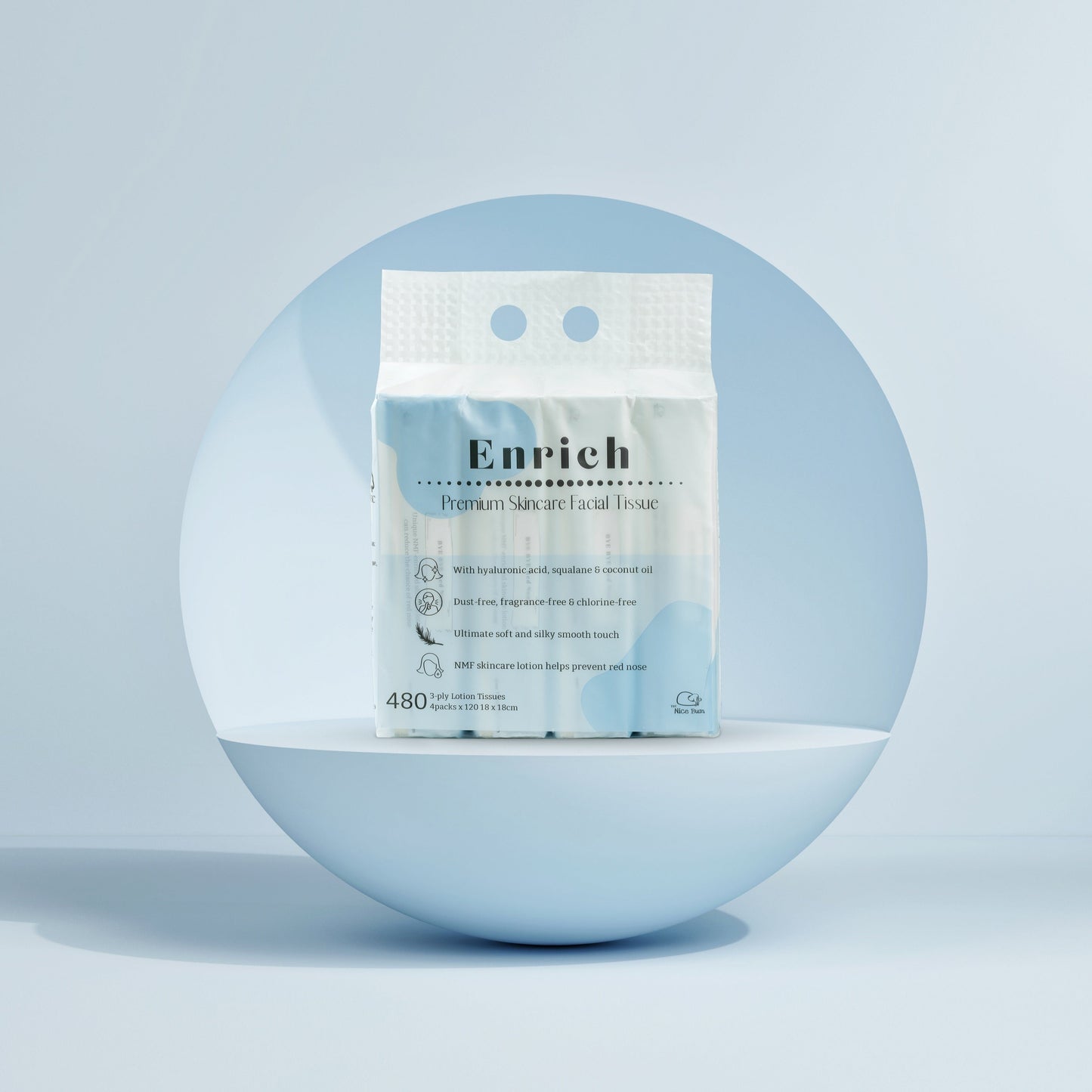 Family size Enrich premium skincare facial tissue pack shown on minimalist blue background