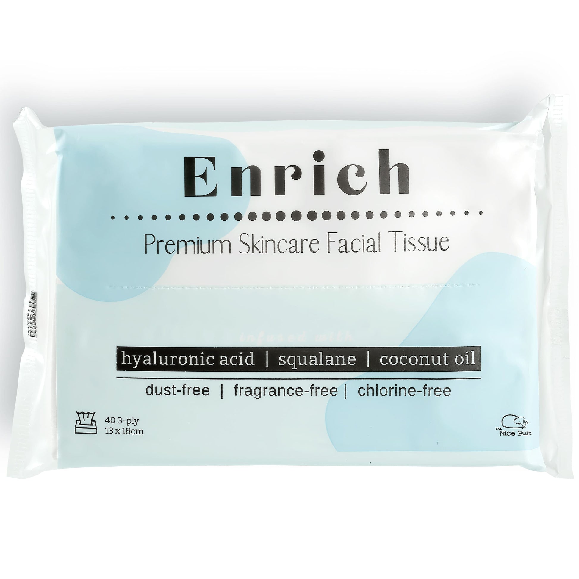 Enrich facial tissue to go single packaging on a white clean background. Highlighting dust-free and skin friendly features.