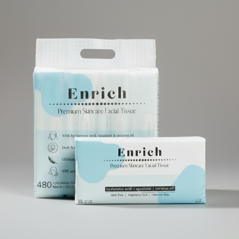 Enrich facial tissues pack, zero dust, buttery soft 3-ply for allergy-sensitive users