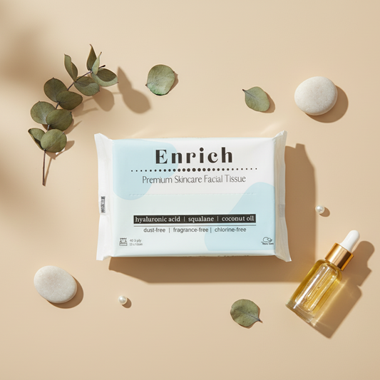 Enrich premium skincare facial tissue pack with hyaluronic acid, squalane and coconut oil, styled with skincare serum and natural leaves