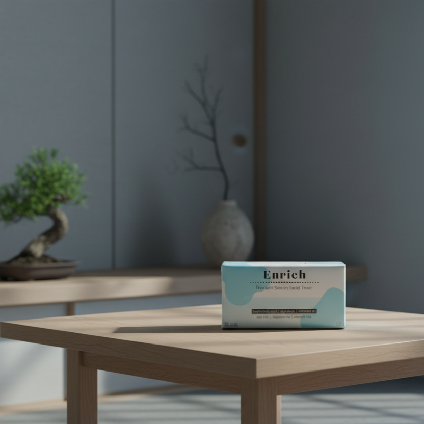 Lifestyle scene of Enrich facial tissues with bonsai and vase, elegant and calming interior