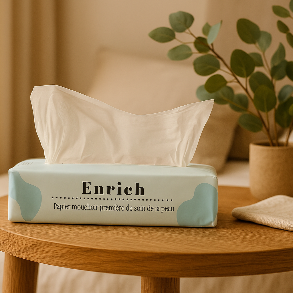 Luxury Enrich tissues box placed in living room, instagrammable design for home use
