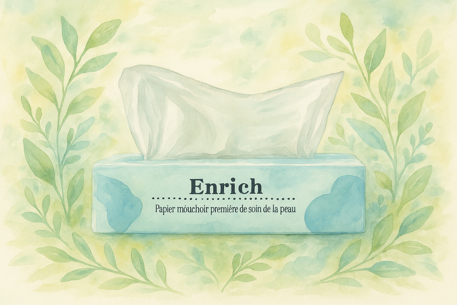 Hand-painted watercolor artwork of Enrich tissue pack surrounded by greenery, fresh and natural theme