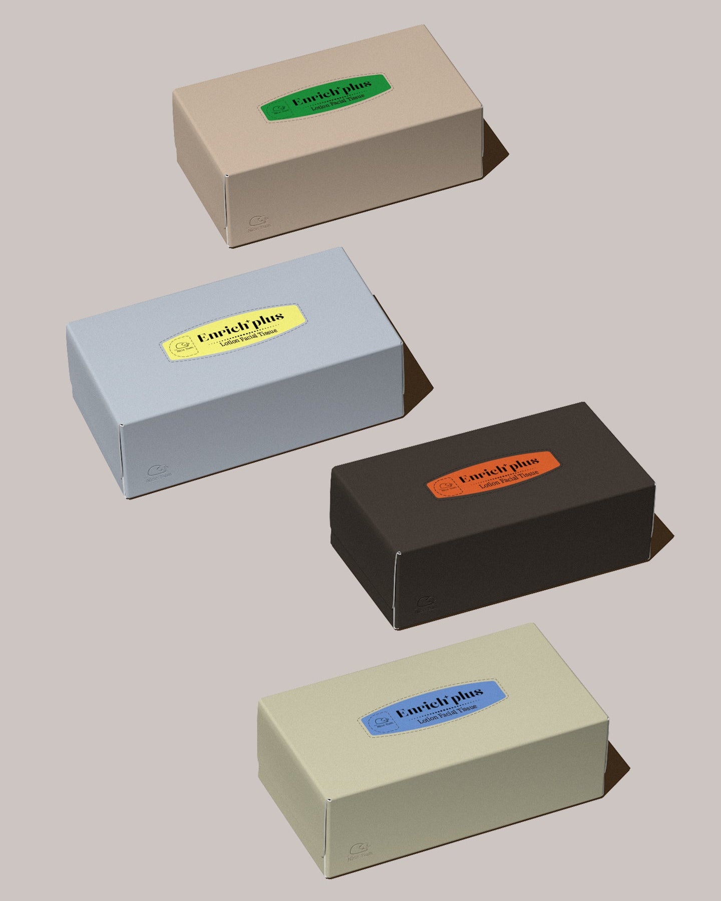 Four boxes of different colors with visible brand labels on a light gray background
