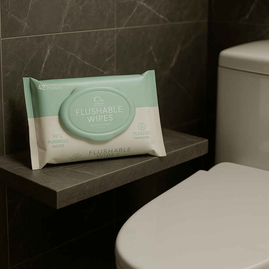 Pack of flushable wipes on a shelf next to a toilet in a bathroom.
