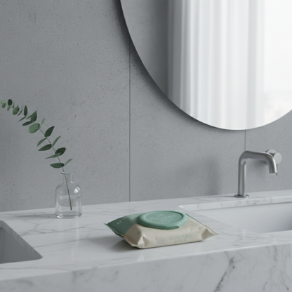 Modern bathroom counter with pure clean flushable wipes on a marble surface.