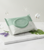 Pack of clean flushable wipes on a marble surface with decorative elements.