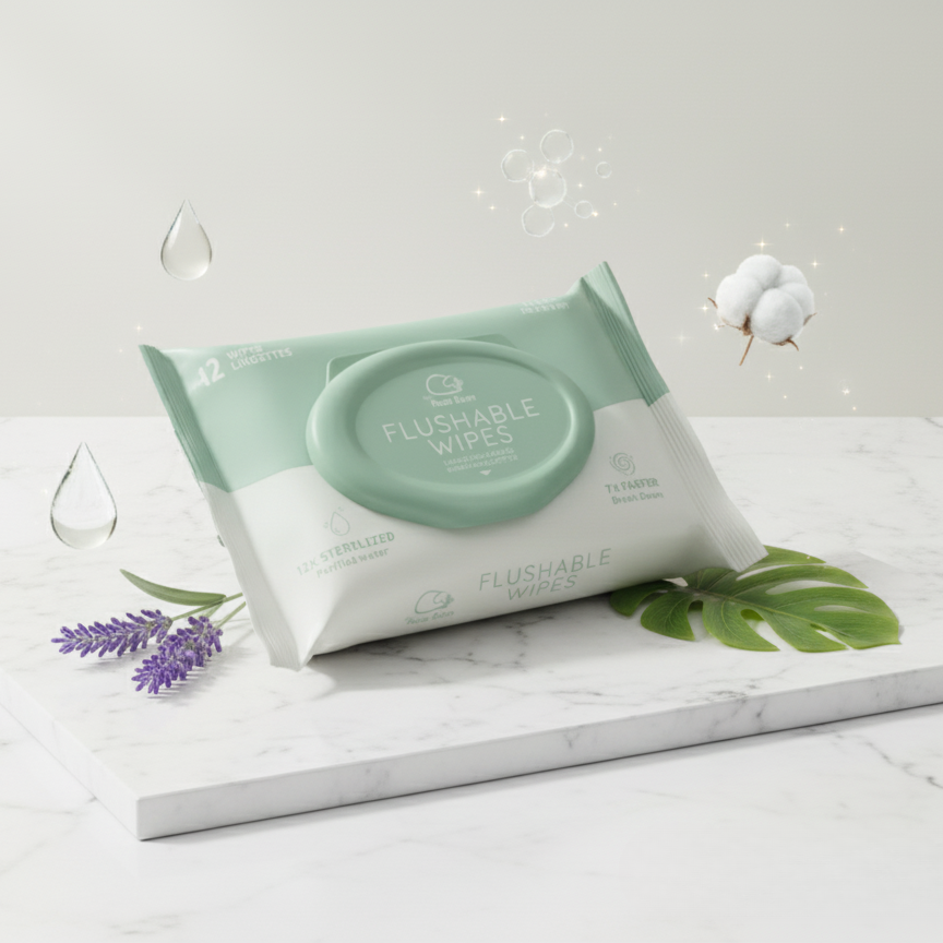 Pack of clean flushable wipes on a marble surface with decorative elements.
