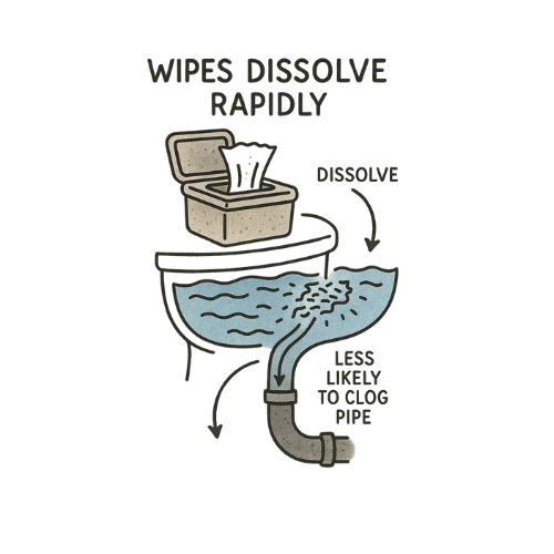 Illustration showing Nice Bum flushable wipes dissolving rapidly in toilet water, less likely to clog pipes