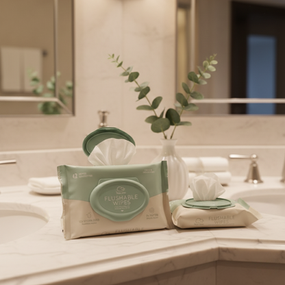 Nice Bum flushable wipes displayed on marble bathroom counter with vase and greenery, eco-friendly design