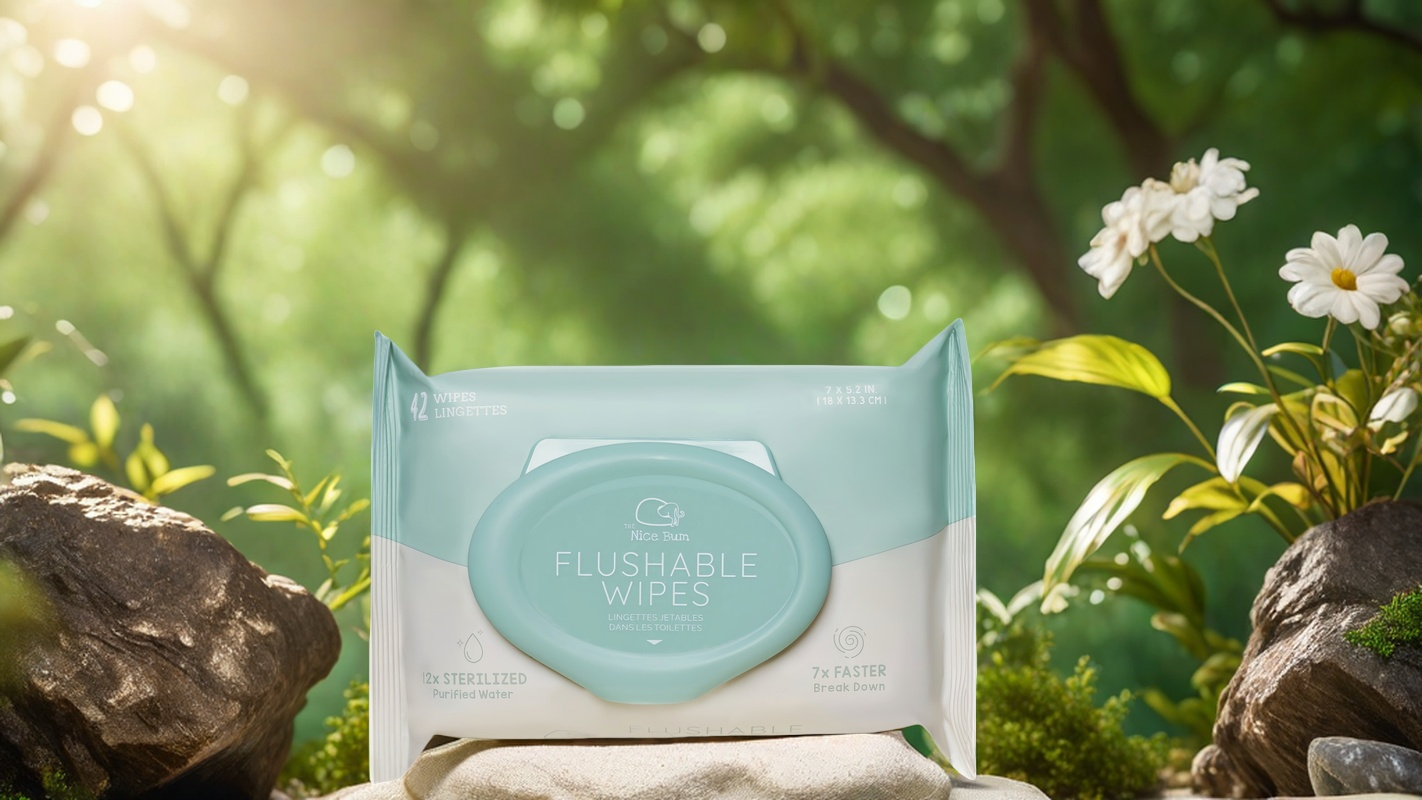 Nice Bum flushable wipes pack displayed outdoors in nature with sunlight and flowers, eco-friendly and biodegradable