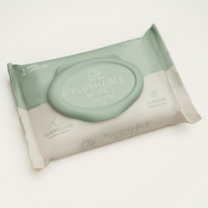 Pack of edi water flushable wipes with green and soft white elegant design on a white background