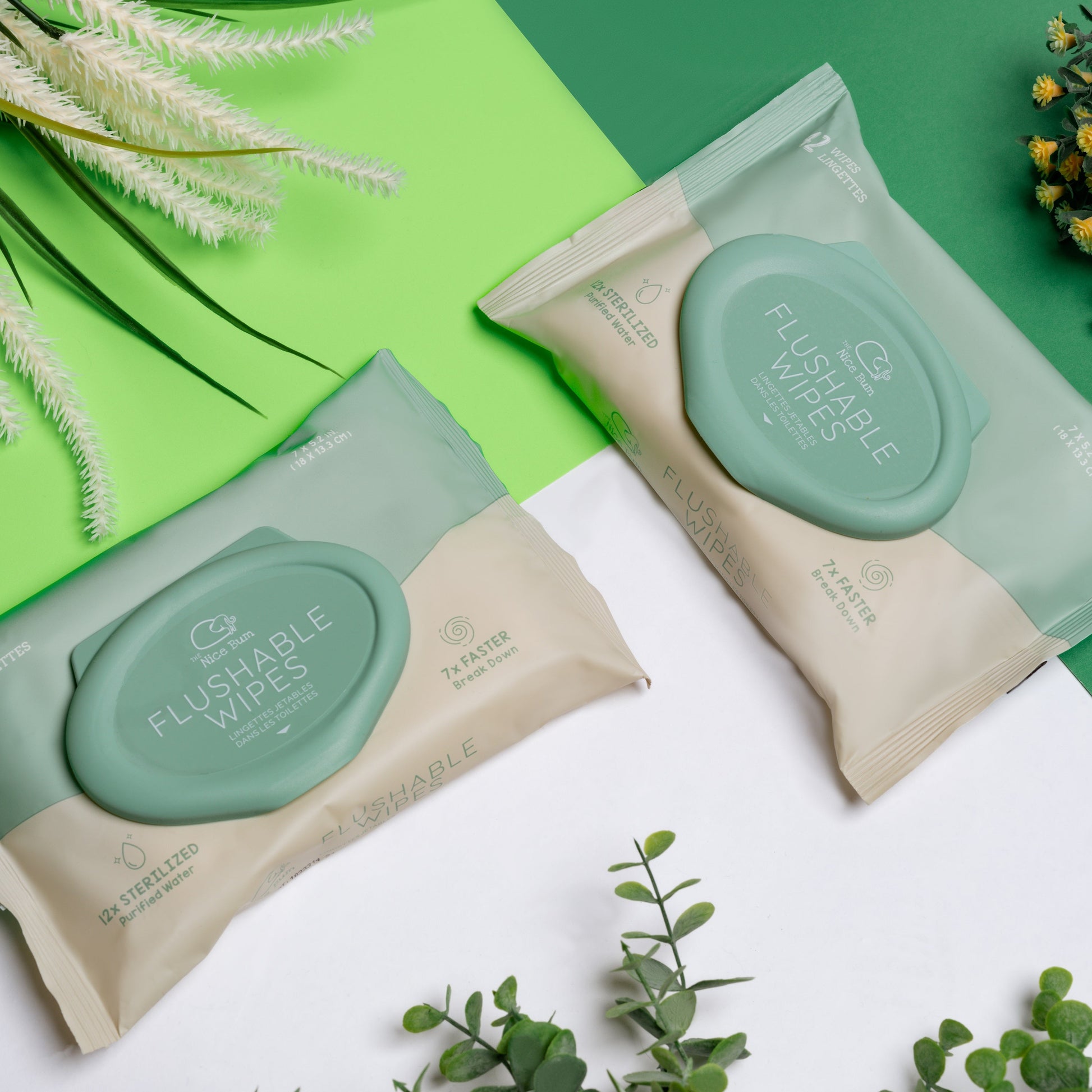 Two packages of flushable wipes on a green and white background with plants.