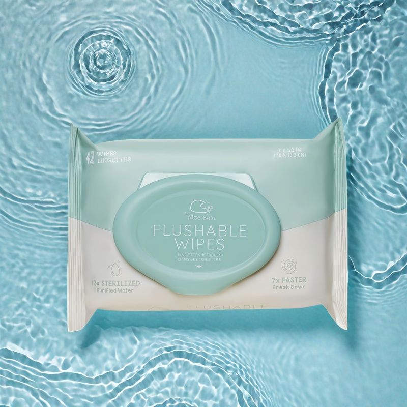 Nice Bum flushable wipes dissolving quickly in water, safe for plumbing and environment