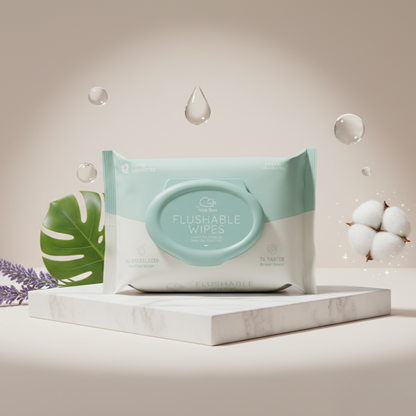 Nice Bum flushable wipes pack with natural elements cotton, leaf and lavender, purified water and eco-friendly design